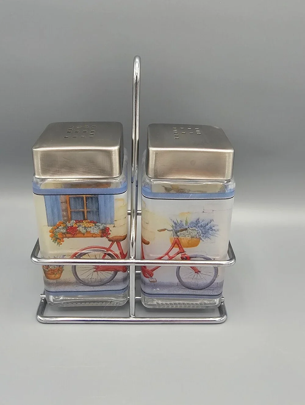 Vintage Bicycle Themed Salt and Pepper Shakers with Metal Stand